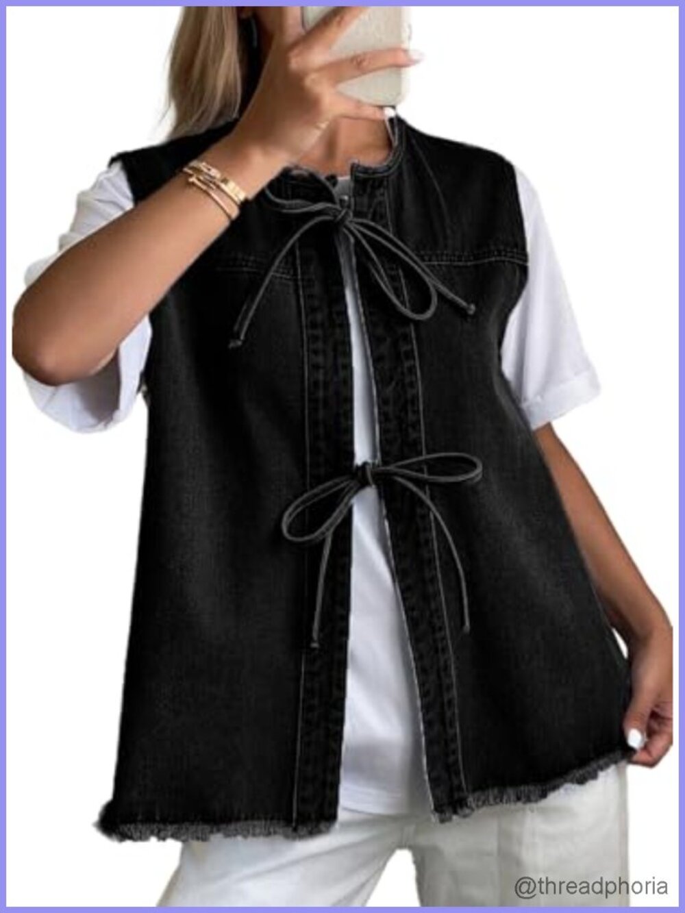 Womens Distressed Denim Vest Bow Tie Henley Chambray Sleeveless Crop Top Casual